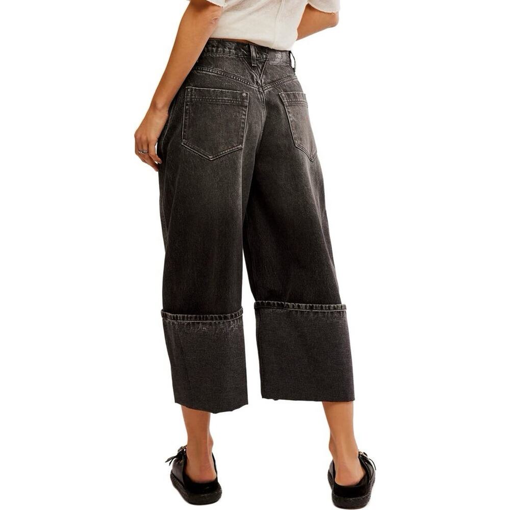 We The Free Cropped Barrel Black Ice Denim Jeans Women Cuffed free people - Picture 3 of 8
